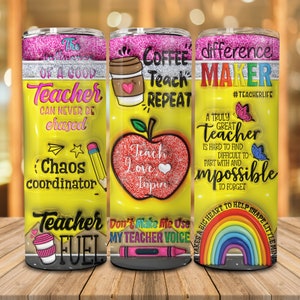 3D Inflated Teacher 20oz Skinny Tumbler Png, Glitter Teach Love Inspire 20oz Tumbler Wrap, 3D Puff Faux Sequin Teacher Life Coffee Tumbler