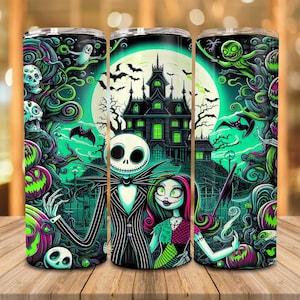 Cartoon Horror Halloween 20oz Skinny Tumbler, Fall Coffee Tumbler Png, Spooky Season, Haunted House Tumbler Wrap Png, Skeletons Bats Pumpkin