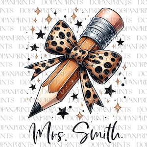 Lápis de professor de oncinha personalizado em PNG para sublimação, lápis coquete com laço neutro de oncinha, designs modernos para professores em camisetas