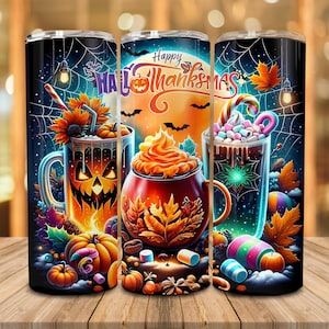 Happy Hallothanksmas Coffee 20oz Skinny Tumbler, Spooky Vibes, Fall Pumpkin Png, Thanksgiving Png, Christmas 20oz Tumbler PNG Sublimations