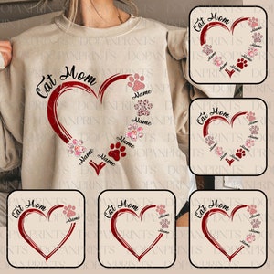 Bundle Custom Cat Mom Heart With Kids Name Png, Happy Mother’s Day Png, Custom Paw Print, Mama Love Png, Cat Mom Valentine, Pet Lover Gift