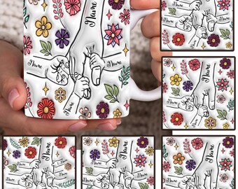 Bundle Custom Holding Mom‘s Hand 3D Inflated Effect Mug Design, Mama Floral Coffee Mug Png, Mother's Day Floral Mug, Holding Grandma's Hand