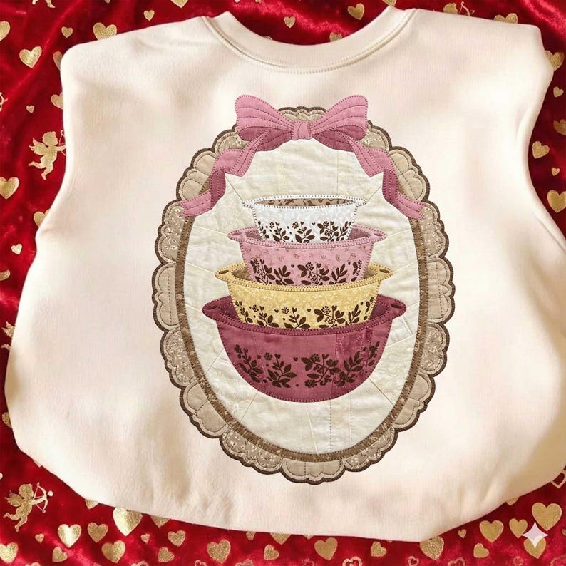 May include: Cream-colored sweatshirt featuring a decorative oval design with a stack of four patterned mixing bowls in shades of white, pink, yellow, and burgundy. A pink bow adorns the top of the oval. The design is framed by a scalloped border.