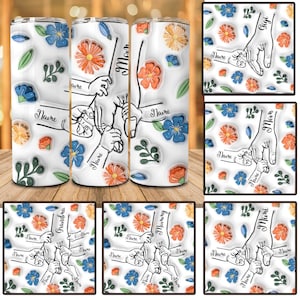 May include: A set of six white tumblers with floral designs and hand-drawn outlines of hands holding each other. The tumblers feature the words "Mom", "Gigi", "Mimi", "Grandma", "Memory", and "Name".