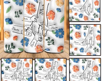 Personalized Holding Mom‘s Hand 3D Inflated Effect Tumbler Design, Mother's Day Floral 20oz Skinny Tumbler Png, Holding Grandma's Hand Png