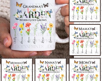 Bundle Custom Grandma's Garden 11oz Mug Png, Birth Month Flowers Coffee Mug, Mother's Day Floral 11oz Mug Wrap Png, Watercolor Floral Png