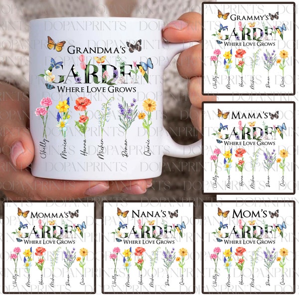 Bundle personnalisé jardin de grand-mère 11 oz mug Png, tasse à café fleurs mois de naissance, fête des mères floral 11 oz mug wrap Png, aquarelle floral Png