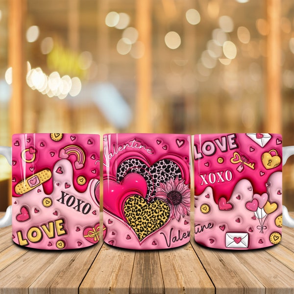 3D Inflated Happy Valentine's Day 11oz Mug Wrap Png, 3D Puff Pink Love Xoxo Valentine Coffee Mug, Leopard Hearts Valentine 11oz Mug Wrap Png