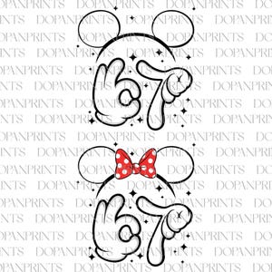 May include: Black and white Mickey Mouse and Minnie Mouse outline design with the number 67 in the center. Minnie Mouse has a red bow with white polka dots. The design includes star accents.