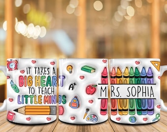Personalized Teacher 11oz Mug Wrap Png, 3D Inflated Teacher Life Coffee Mug, Teach Love Inspire, Puffy Teacher Rainbow 11oz Mug Sublimation