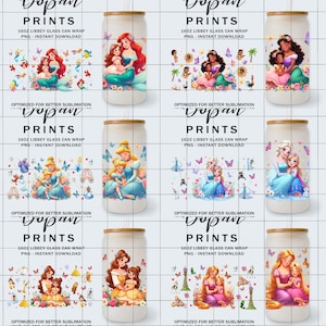 Bundle Princess Mom 16oz Libbey Can Glass Png, Mom And Daughter, Cartoon Mother's Day Glass Can 16oz Png, Mama Floral And Butterfly Tumbler