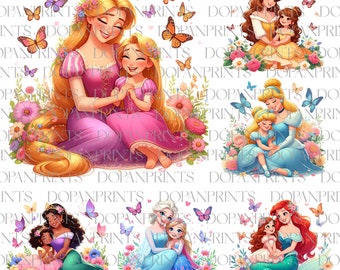 Paquete mamá e hija princesa png, princesa mamá png, feliz día de la madre, sudadera de mamá de dibujos animados, regalo para mamá, sublimación de mamá flor