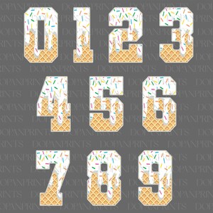 May include: Ten waffle cone-shaped numbers with white frosting and colorful sprinkles. The numbers are 0 through 9.