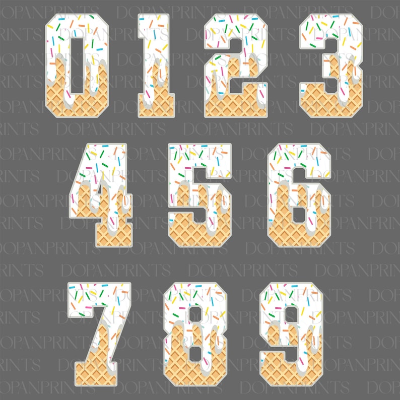 May include: Ten waffle cone-shaped numbers with white frosting and colorful sprinkles. The numbers are 0 through 9.