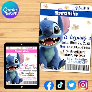 Modèle de ticket de cinéma dessin animé modifiable personnalisé, faire-part de fête d'anniversaire, invitation de billet de cinéma dessin animé bleu, bon de réduction pour le cinéma 2025 Canva