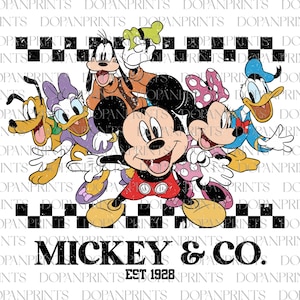 May include: A vintage-style illustration of Mickey Mouse and his friends, including Minnie Mouse, Goofy, Pluto, and Donald Duck. The characters are arranged in a playful pose against a checkered background. The text "Mickey & Co. Est 1928" is displayed below the characters.