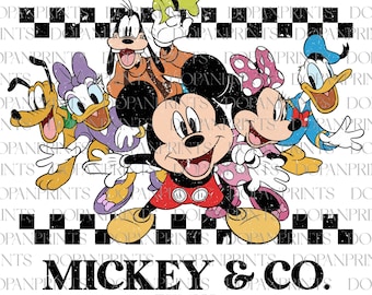May include: A vintage-style illustration of Mickey Mouse and his friends, including Minnie Mouse, Goofy, Pluto, and Donald Duck. The characters are arranged in a playful pose against a checkered background. The text "Mickey & Co. Est 1928" is displayed below the characters.