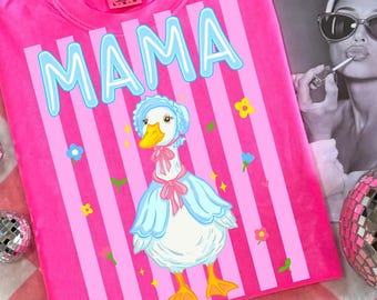 Striped Floral Mama Goose PNG, Neon Mama Coquette Png, Motherhood Shirt Design, Preppy Mom png, Mother's Day, Cottagecore Mama, Brushstroke