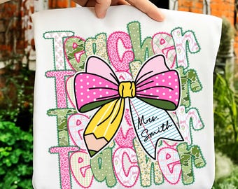 PNG de encaje personalizado para profesora, PNG de lazo para profesora y lápiz, PNG de brillo floral coqueto retro para profesora, PNG de camuflaje para la vuelta al cole, diseño de camiseta preppy para profesora