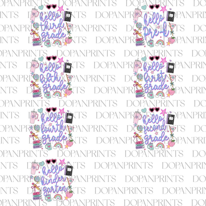 May include: A digital sheet featuring seven repeating school-themed graphic designs. Each design includes the text hello followed by a grade level, surrounded by illustrations of a tumbler, sunglasses, star, notebook, globe, pencil, books, mug, rainbow, and apple.