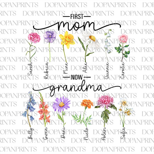 Primera mamá personalizada ahora abuela png, jardín de la abuela png, flor del mes de nacimiento diy png, 1er regalo del día de la madre del bebé, acuarela floral png