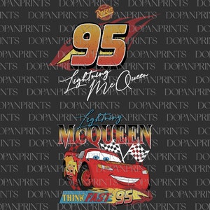 May include: A red race car with the number 95 on the side. The car has a lightning bolt design and the words "Lightning McQueen" written on it. The car is on a black background with the words "Think Fast" and "Rust-eze" written on it.