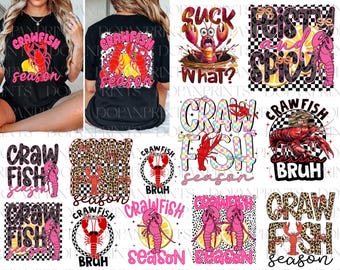 May include: A collection of 10 digital designs featuring crawfish, lemons, and the text "Crawfish Season" in various styles. The designs include a checkered background, a leopard print background, and a pink and white checkered background.