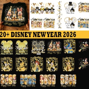 以下が含まれることがあります： 2026年の新年に向けたディズニーをテーマにしたデザインのコレクション。ミッキーマウス、ミニーマウス、スティッチなどの様々なキャラクターが、金と黒の配色で描かれています。「Happy New Year」と「2026」の文字が含まれています。
