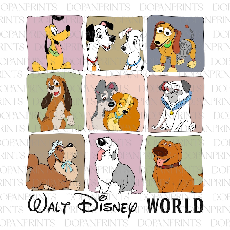 May include: A collage of nine cartoon dog characters from Disney movies. The dogs are in individual squares with a light pink background. The squares are arranged in a 3x3 grid. The bottom row of squares has the text "WALT DISNEY WORLD" in a black font.