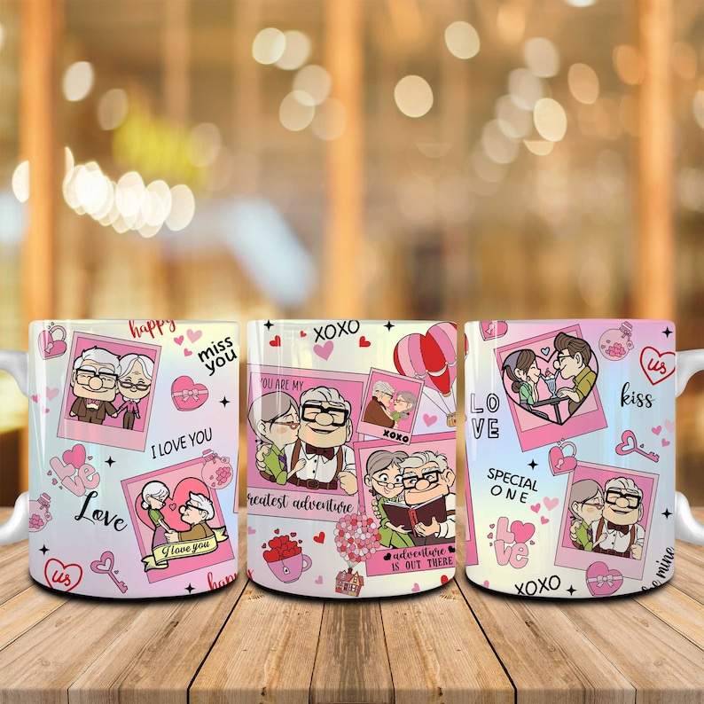 May include: Set of three white ceramic mugs with pink and white designs featuring a cartoon couple. The mugs have various phrases including "Love", "XOXO", "You are my greatest adventure", "I love you", "Happy", "Miss you", "Special One", "Adventure is out there", "Us", "Kiss", and "Mine".