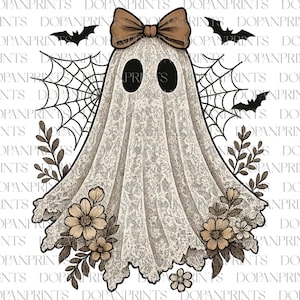 May include: A whimsical Halloween-themed illustration of a ghost. The ghost is draped in a white lace fabric, adorned with a brown bow, black eyes, and floral accents. Black bats and spiderwebs complete the design.
