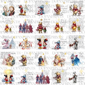 May include: A repeating pattern featuring various cartoon characters in festive holiday attire. Characters include Winnie the Pooh, Mickey and Minnie Mouse, and superheroes. The background is a mix of text and stars, with the text "DOPANPRINTS" repeated throughout.