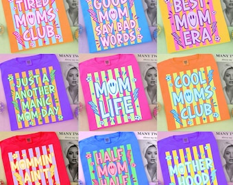 Ensemble PNG rayé pour maman, Club des mamans fatiguées, Club des mamans cool Png, Png rétro coloré pour la maternité, Design de chemise maman tendance, maman en détresse fluo