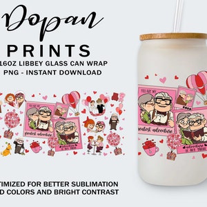 Couple Happy Valentine's Day 16oz Glass Can Wrap Png, His and Hers, Pink Hot Air Balloon Valentine, Cartoon Valentine 16oz Libbey Can Glass