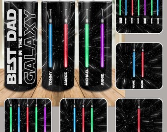 Personalisierte Best Dad Galaxy 20 Unzen Skinny Tumbler, Vatertagskaffee Tumbler Wrap, Lichtsäbel Becher Png, benutzerdefinierte Kinder Name PNG für Papa
