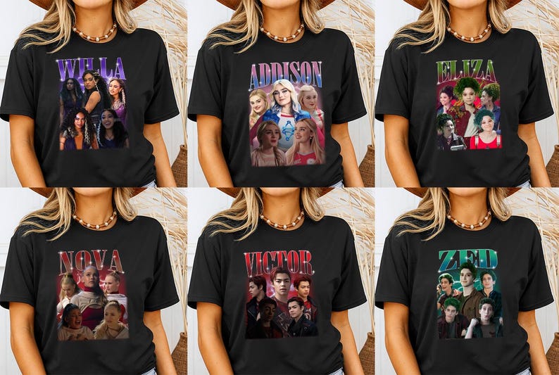 May include: Black short-sleeved t-shirts featuring various character designs with names like "Willa," "Addison," "Eliza," "Nova," "Victor," and "Zed." Each design includes a group of people in a vintage style.