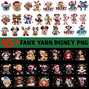 May include: A collection of 45+ faux yarn Disney PNG images. The images include various Disney characters, some wearing Santa hats, and the text "MERRY Christmas" and "MERRY Stitchmas".