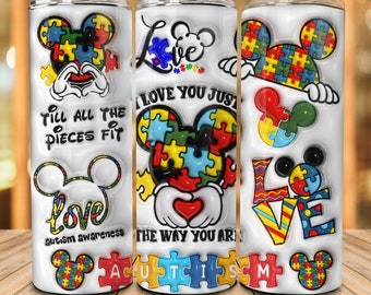 3D Inflated Autism Love 20oz Tumbler Wrap Png, Autism Ribbon Png, 3D Puff Autism Awareness Tumbler Png, Mouse Autism 20oz Skinny Tumbler Png