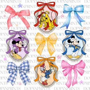 Mouse And Friends Cute Shirt Coquette Watercolour, Family Vacation Png, Magical Kingdom Png, Funny Cartoon Ribbon Png,Magical Mirror Bow Png