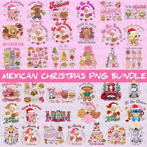 May include: A collection of colorful Mexican Christmas-themed PNG graphics. The images include festive characters, food, and text such as "Tis the Season" and "Mexican Christmas PNG Bundle". The designs are in a variety of styles.