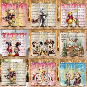 Peut inclure: Plusieurs gobelets isothermes avec des motifs festifs. Les gobelets présentent des personnages tels que Winnie l'Ourson, Mickey et Minnie Mouse, et des personnages de "L'Étrange Noël de Monsieur Jack" et "La Reine des Neiges". Certains gobelets ont le texte "It's the most Wonderful Time of the year" et "Believe in the wonder of Christmas".