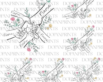 Gepersonaliseerd tot 6 kinderen Floral Moederdag Holding Hand Svg Png, Mama Flower Svg, Baby Peuter Kid Nana Hand Svg, Moederdag Floral Svg