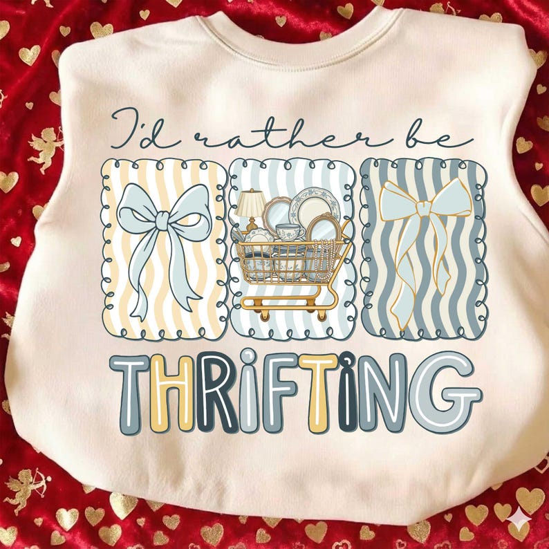 May include: Cream-colored sweatshirt with a graphic design featuring a shopping cart filled with dishes, bows, and the text "I'd rather be thrifting." The design includes light blue, yellow, and gray elements.