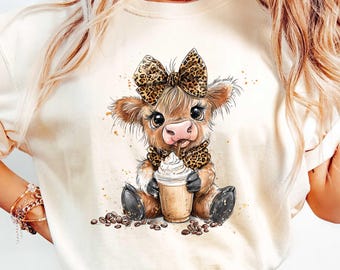Coffee Addict Highland Cow Png sublimation Digital Download,Leopard Print Coquette Bow,Coffee Lover , Moody Highland Cow,Cow Graphics,DTF