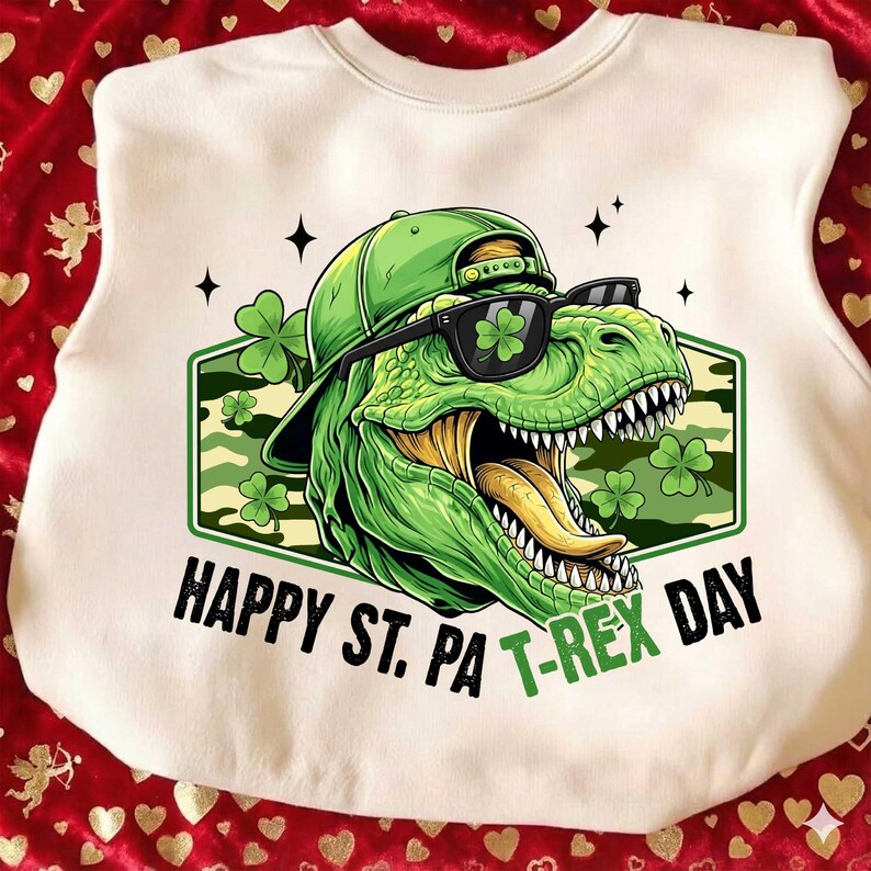 May include: Cream-coloured sweatshirt with a green dinosaur wearing a green cap and sunglasses with a shamrock design. The dinosaur has its tongue out, set against a camouflage background. Text reads "HAPPY ST. PA T-REX DAY."