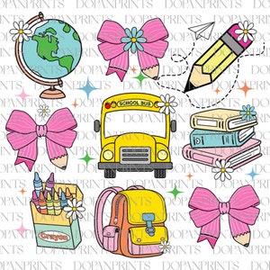 Fiocco Coquette per il ritorno a scuola in formato PNG, Insegnante in formato PNG, Scuolabus, Libri in formato PNG, Globo in formato PNG, Scuola femminile, Matita, Primo giorno di scuola, Maglietta per bambini