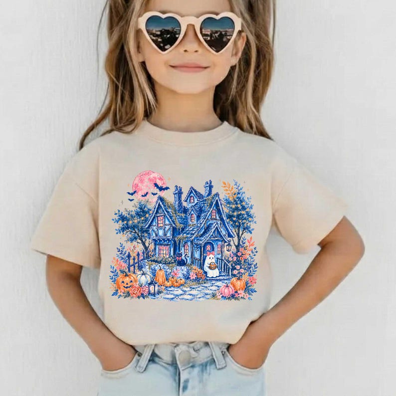 Pu&ograve; includere: Una t-shirt beige a maniche corte con una stampa grafica di una casa stregata blu, una luna rosa, pipistrelli, zucche arancioni e un fantasma bianco. Il design include dettagli floreali e un gatto nero vicino all'ingresso.
