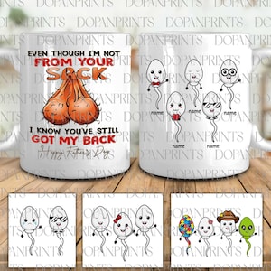 Puede incluir: Taza de cerámica blanca con un diseño humorístico para el Día del Padre. La taza presenta el texto «Aunque no soy de tu saco, sé que me apoyas». La taza también tiene ilustraciones de espermatozoides de dibujos animados.
