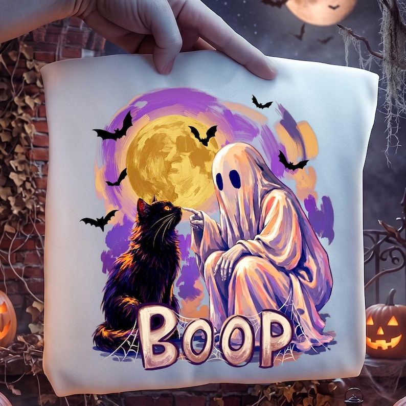 Ghost Cat PNG, Boo Halloween PNG, Trendy Halloween Ghost Cats Lover Shirt, Spooky Season, Preppy Ghost Coquette Png, Funny Fall Sublimation image 2