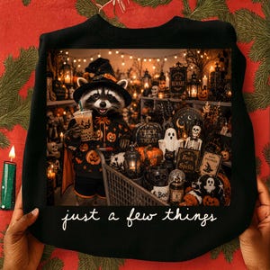 May include: A black sweatshirt featuring a graphic of a raccoon wearing a witch hat and a pumpkin-patterned hoodie, holding a boba drink. The scene includes a shopping cart filled with Halloween decor, skulls, and signs. The text "just a few things" is printed below the graphic.